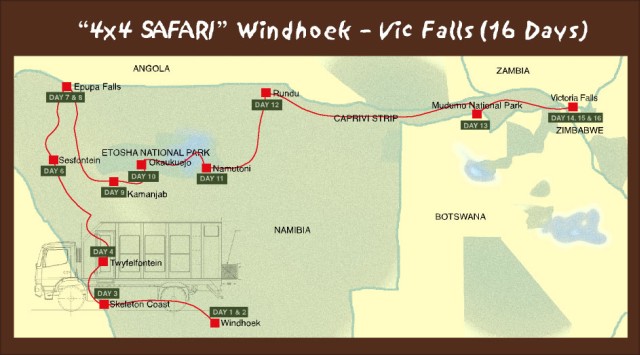 Route Windhoek in Namibia bis Victoria Falls in Zimbabwe