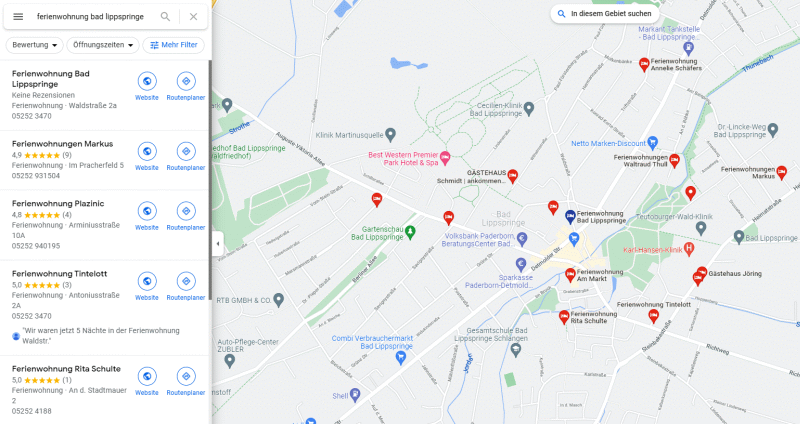 Lokales Onlinemarketing. Google Maps Suchergebnis für Ferienwohnung "Bad Lippsringe"